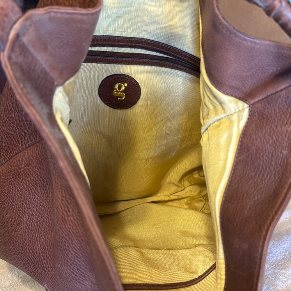 Brown and Blue Hobo Bag with Circular Embellishment - Picture 3 of 5